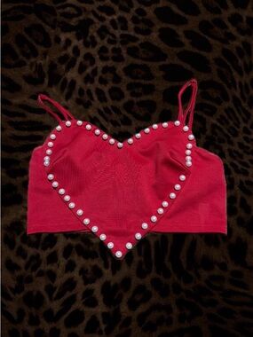 SHEIN Red Pearl-Trim Heart Crop Top